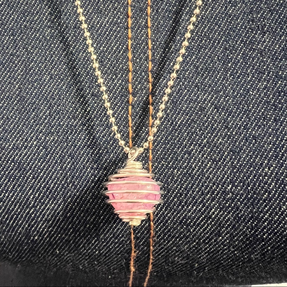 Beautiful Rose Quartz Crystal Wire Charm ball chain Necklace.